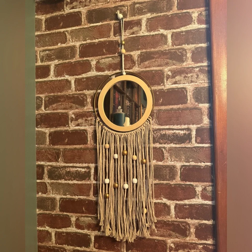 Boho Hanging Wood/ Floating Bronze Metal Circle Mirror With Beaded Fringe